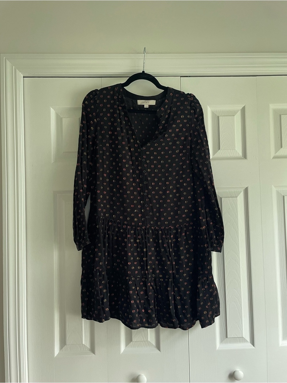 LOFT Black Long-Sleeve Floral Tiered Mini Dress